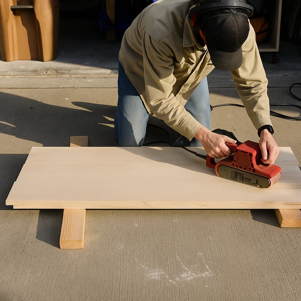 Utilisation d’une ponceuse électrique à bande pour lisser une grande planche de bois à l’extérieur par une journée ensoleillée.