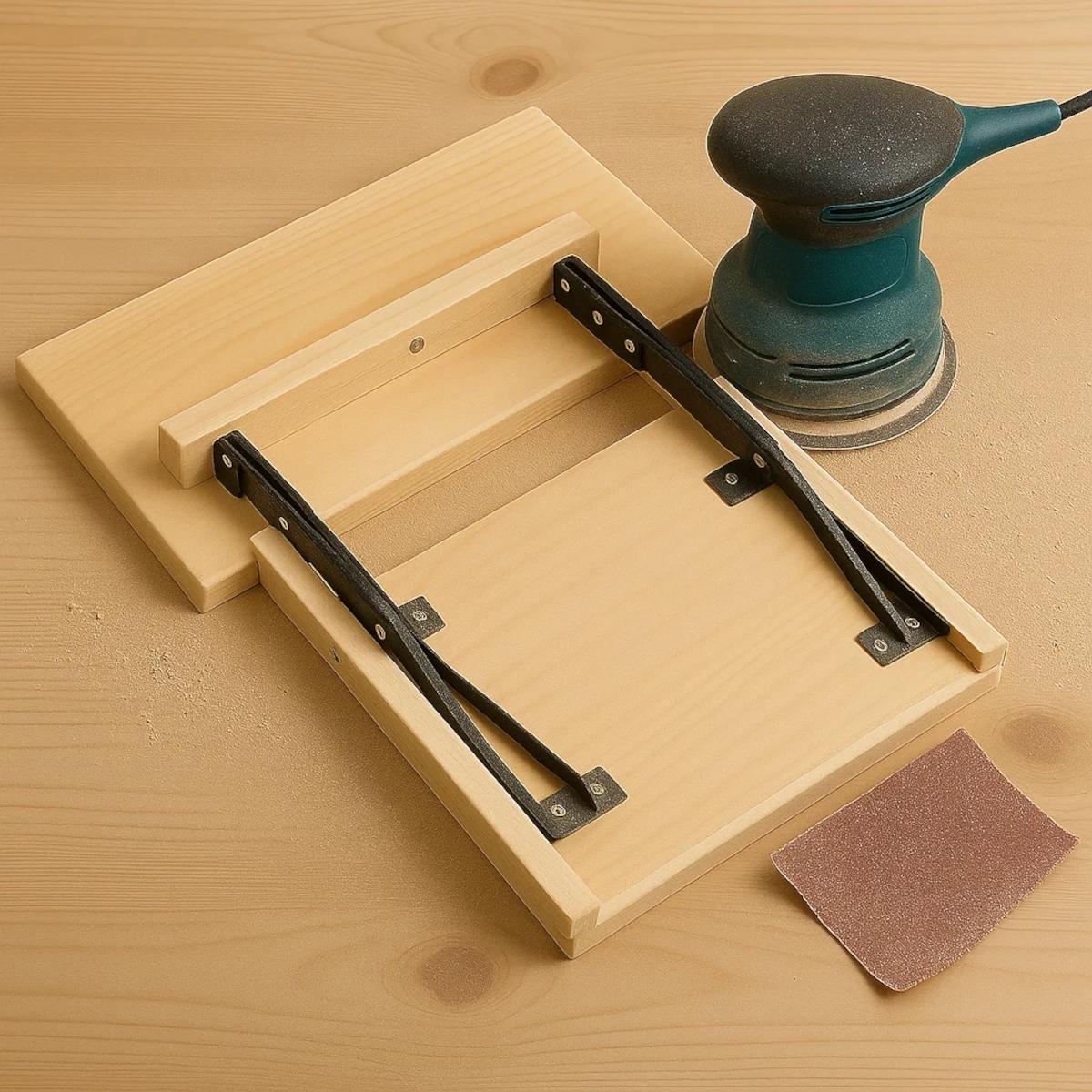 Ponceuse électrique et papier de verre à côté de planches de bois lisses non finies et de bras de pliage.