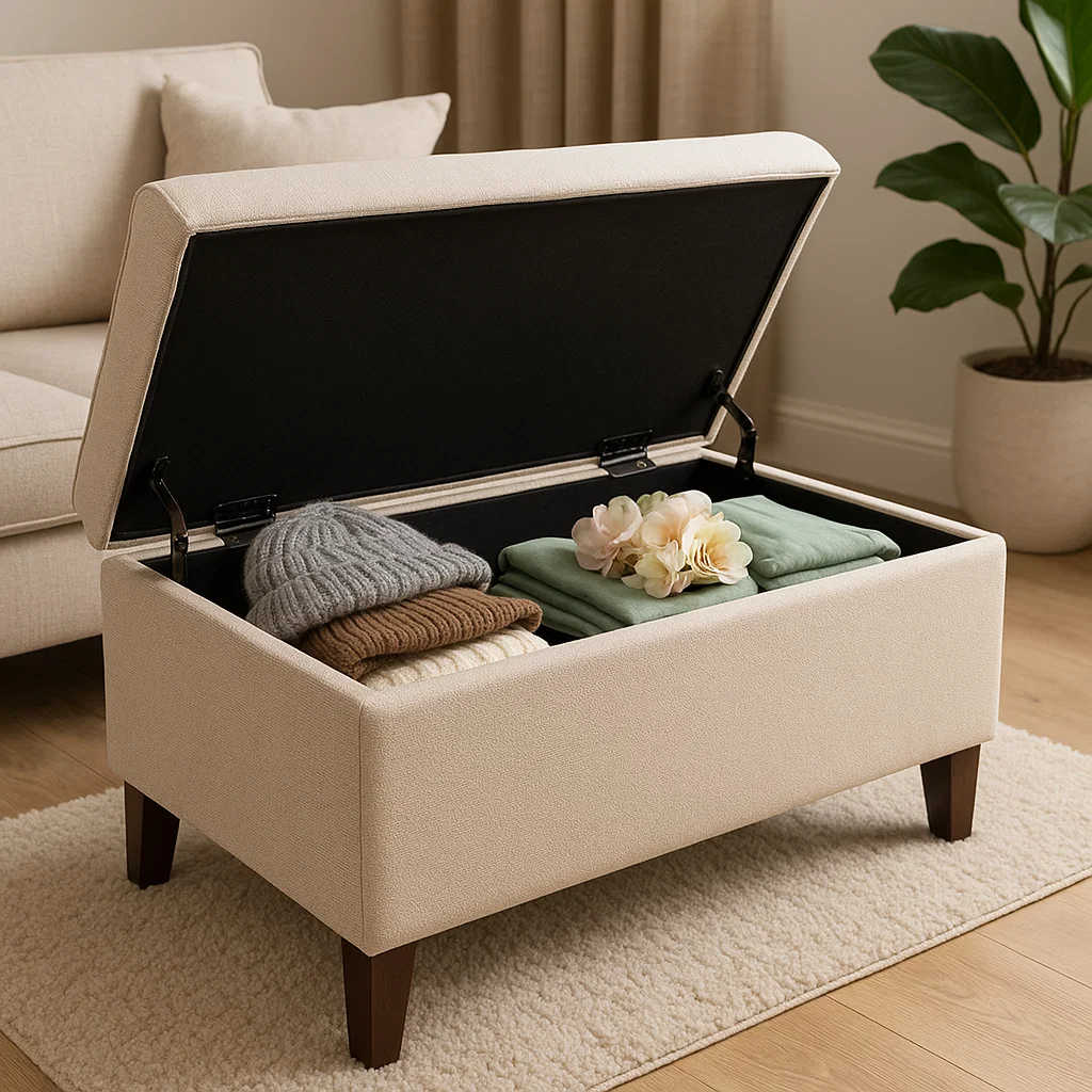 Tabouret de rangement crème ouvert, affichant des pulls pliés, des écharpes et une décoration florale saisonnière à l'intérieur.