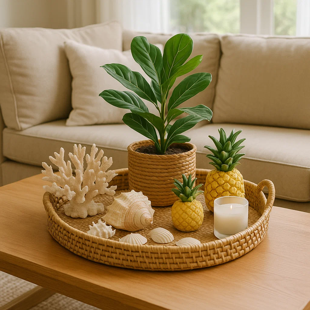 Espace de vie confortable avec des canapés bleus et une table basse en bois rustique.