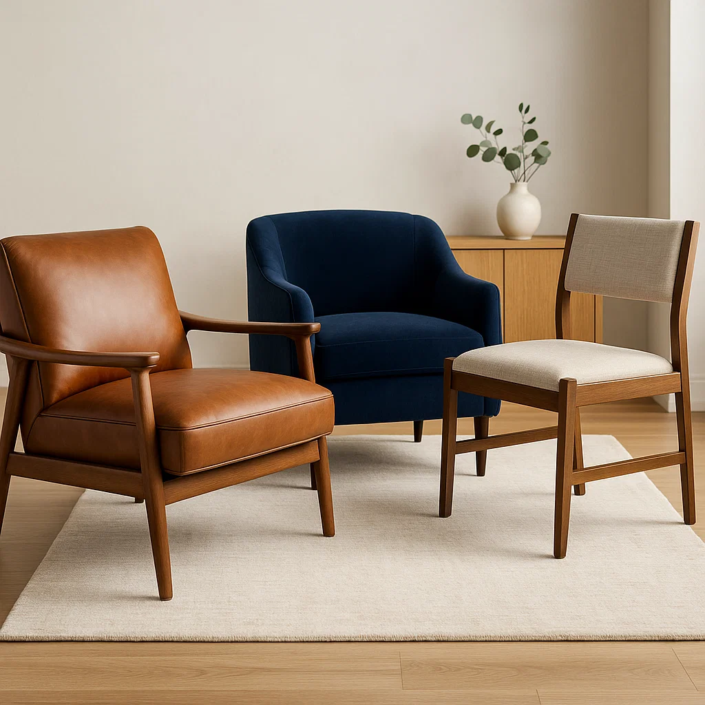 Trois fauteuils d'appoint en cuir, velours et tissu disposés sur un tapis neutre dans une pièce moderne.