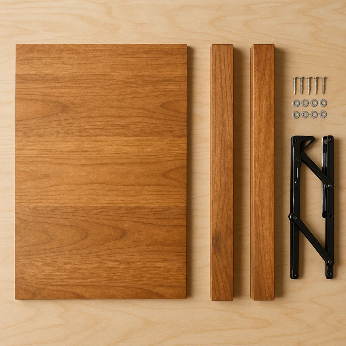 Planches en bois, bras de pliage noir, vis et rondelles soigneusement disposés sur une surface en bois.