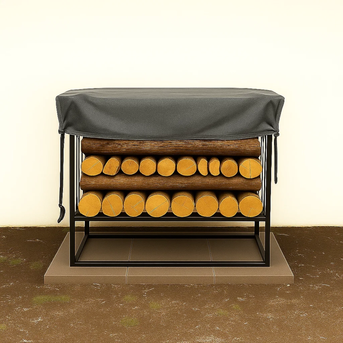 Porte-bùches couvert d'une bache imperméable ajustée pour protéger des intempéries.