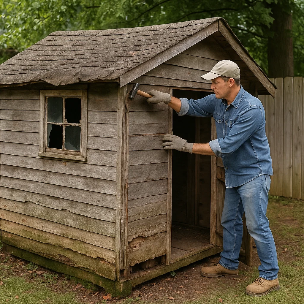 Personne inspectant la cabane pour des signes de dommage par l'eau, de pourriture et de problèmes structurels sur le toit et les murs.