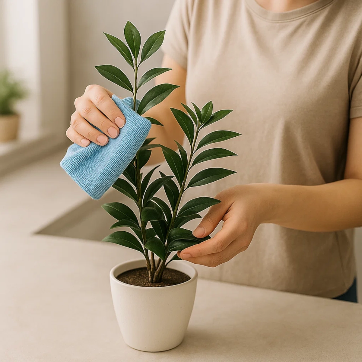 Personne utilisant un chiffon en microfibres bleu pour nettoyer doucement les feuilles d'une plante artificielle dans un pot.