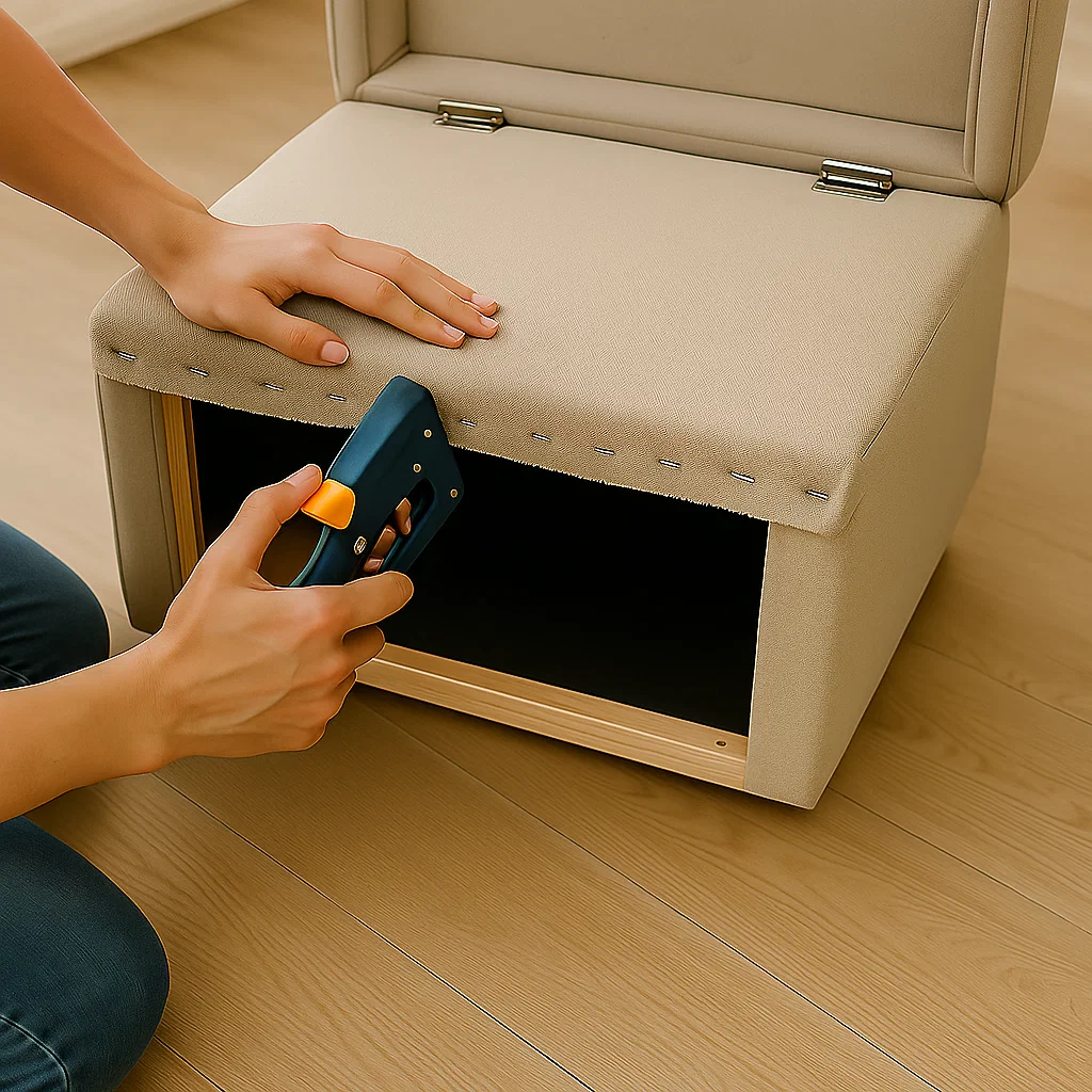 Clouage du nouveau tissu au cadre du pouf avec un pistolet à clous, les mains lissant le matériel.