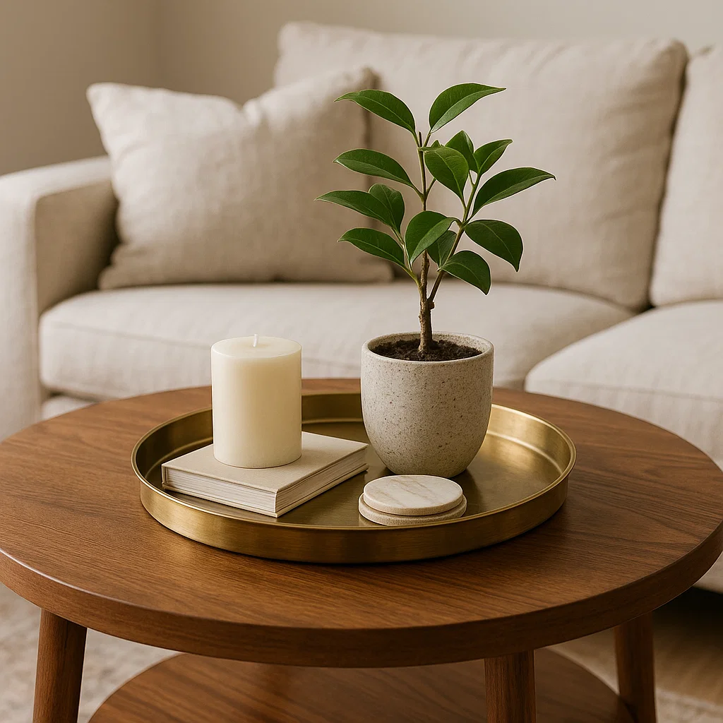 Décoration tropicale mettant en vedette des ananas, des coquillages et des bougies sur un plateau tressé.