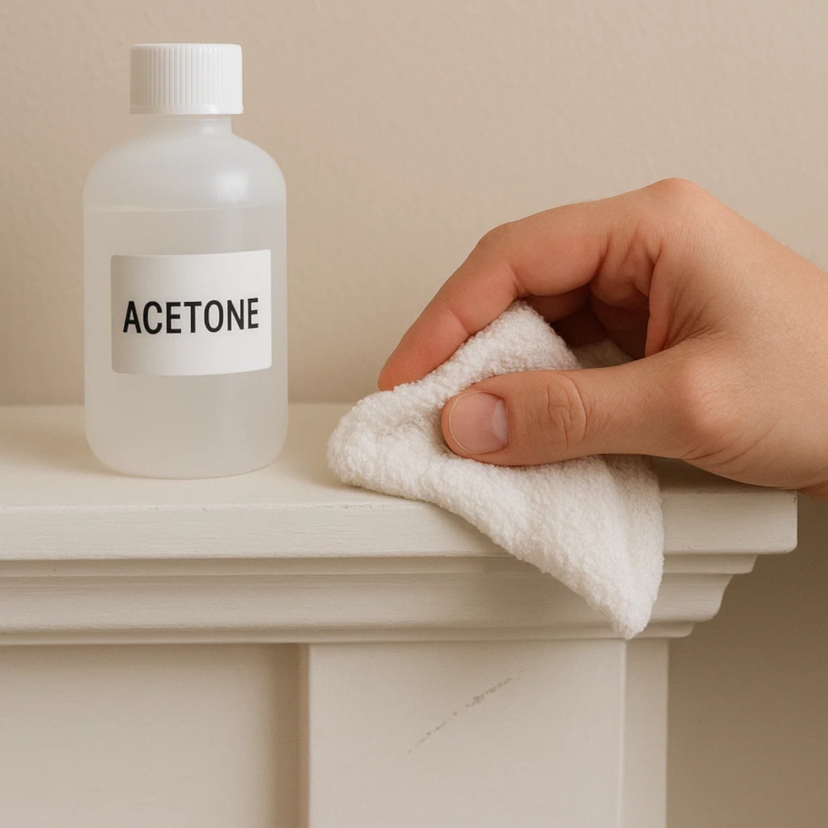 Utilisation d'acétone et d'un chiffon pour tester la peinture existante sur un manteau de cheminée blanc.