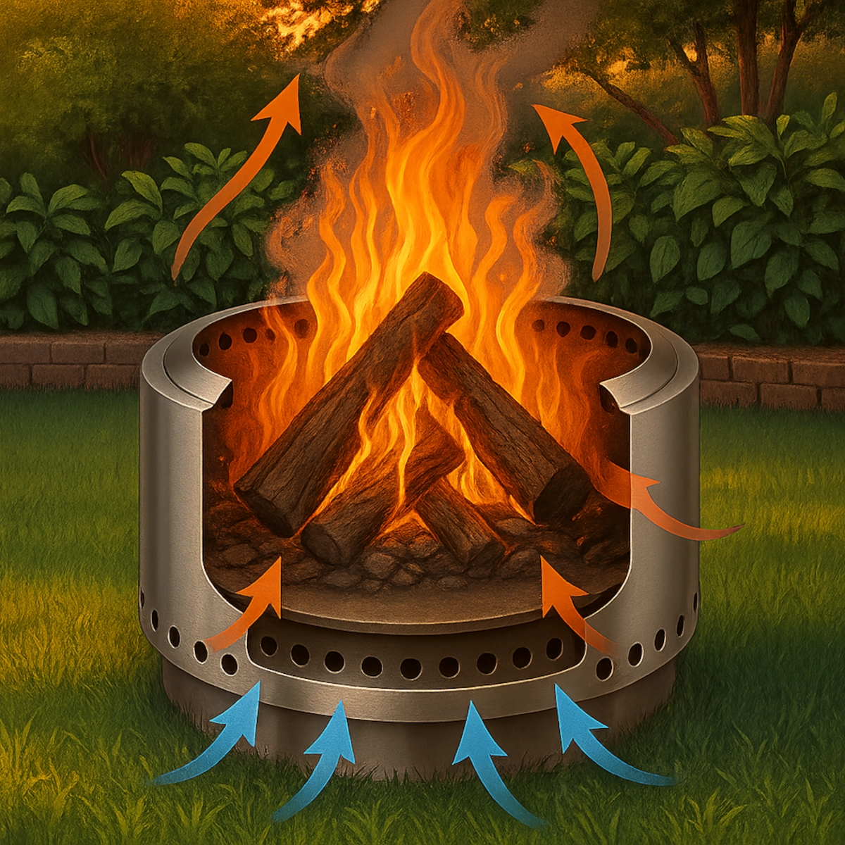 Smokeless fire pit with arrows demonstrating airflow intake and heat circulation in a grassy backyard.