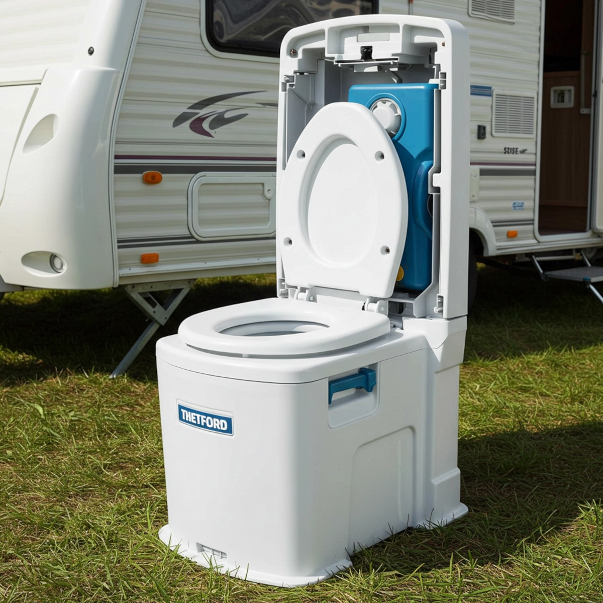 WC portable blanc dans un terrain de camping herbeux avec un campeur en arrière-plan.