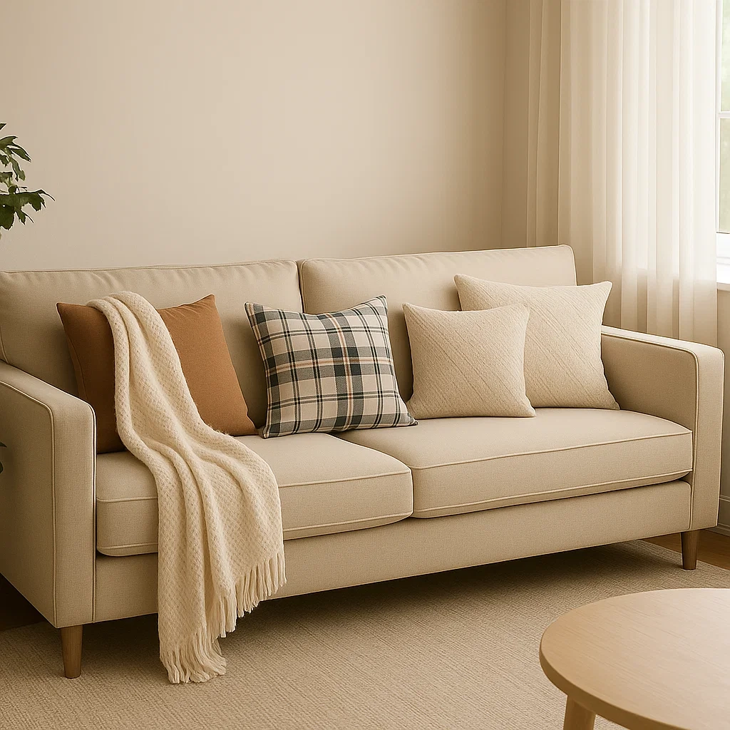 Canapé neutre décoré de coussins à carreaux, crème et marron et d'une couverture douillette.