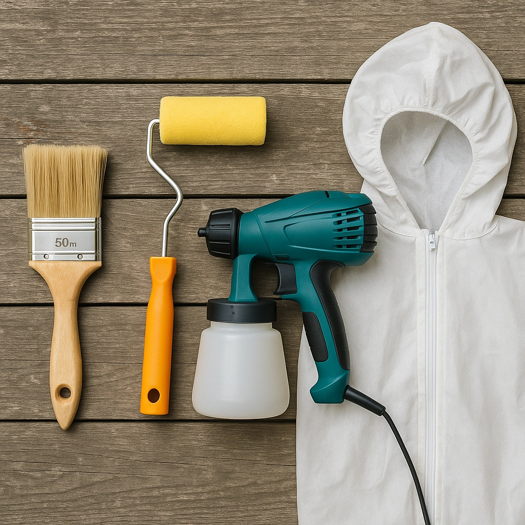 Divers outils de peinture comme des brosses, des rouleaux et des plateaux disposés sur le sol