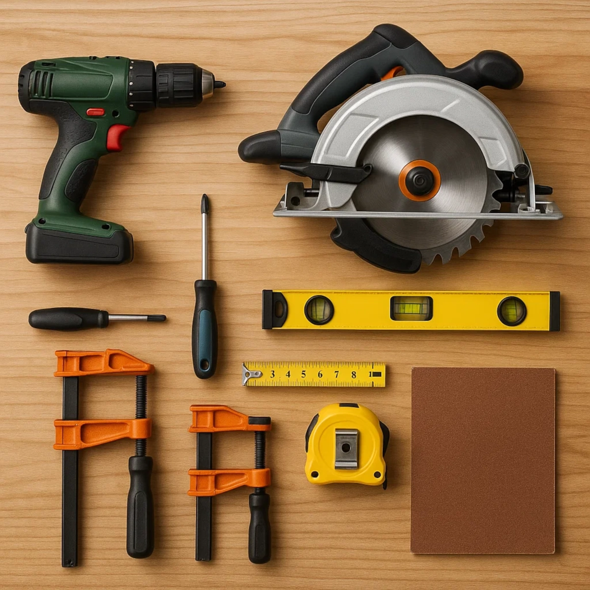 Perceuse, scie circulaire, tournevis, niveau, serre-joints, règle et papier de verre disposés sur une table en bois.