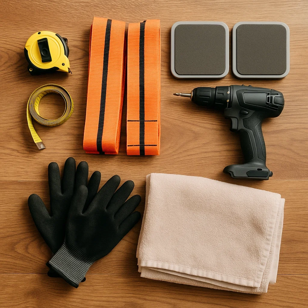 Outils et matériels de déplacement, y compris des gants, des sangles, des règles métriques et une perceuse, disposés sur du bois.