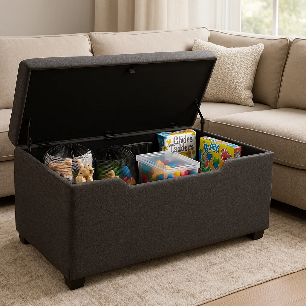 Grand tabouret de rangement gris foncé avec des jouets, des jeux et des peluches rangés soigneusement à l'intérieur des compartiments.