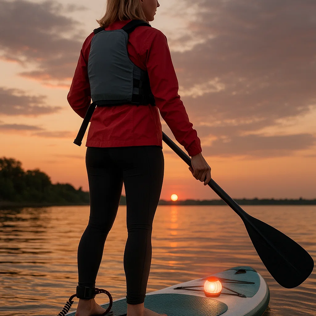 Personne pagayant au coucher du soleil portant un gilet de sécurité, avec une lumière attachée à la SUP.