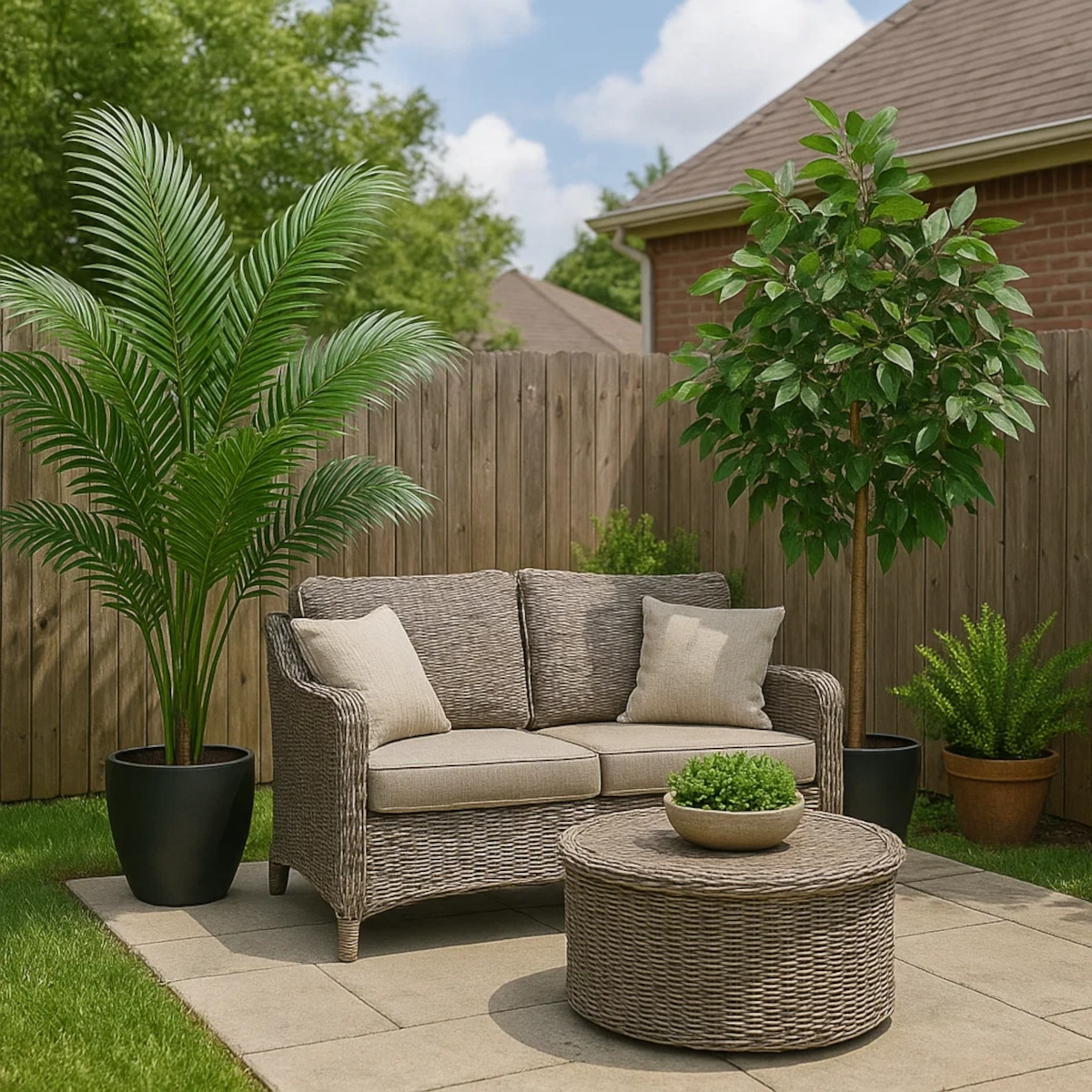 Aménagement de terrasse extérieure avec un palmier et un ficus artificiels à côté de meubles en rotin et de verdure en pot.