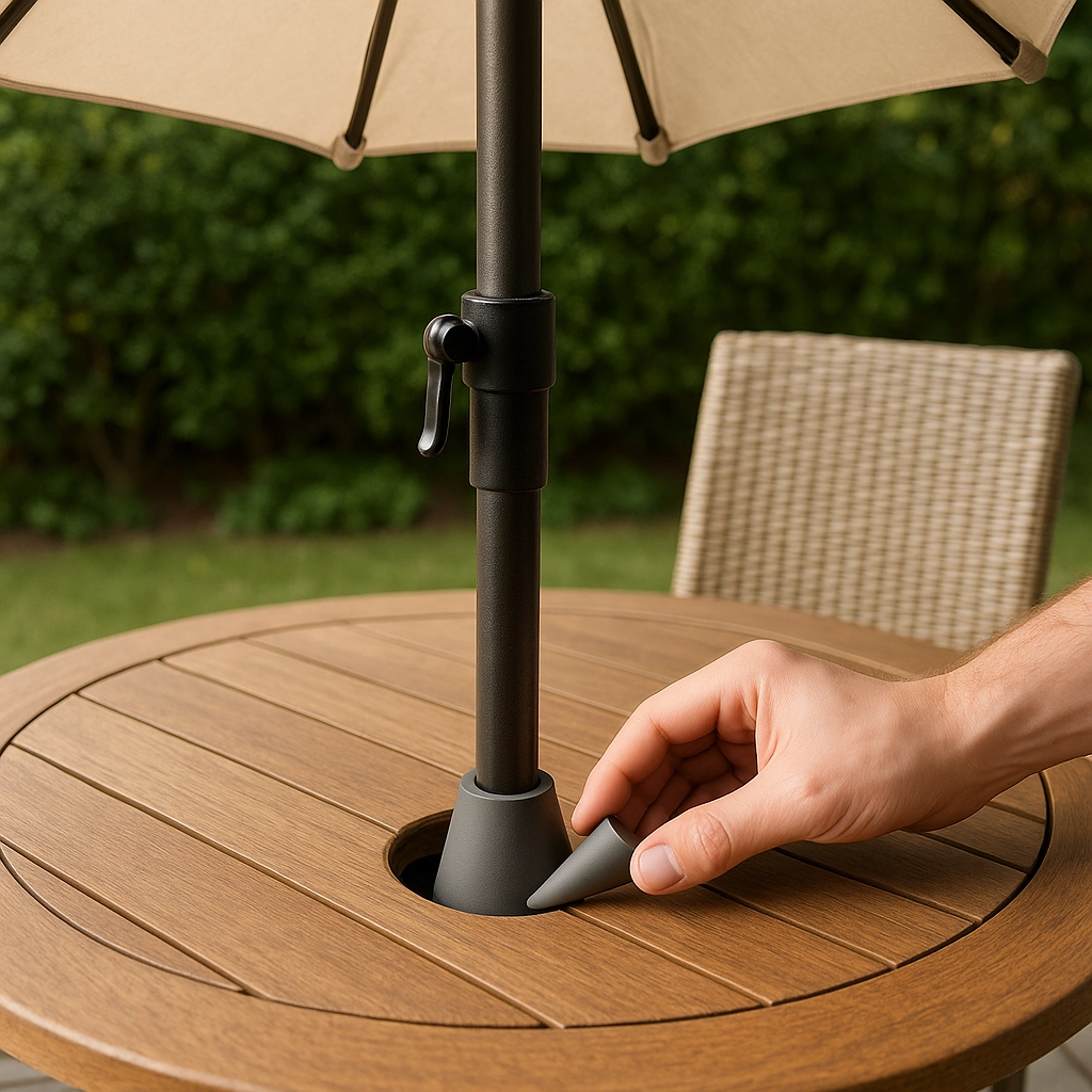 Personne insérant un support de mât de parasol dans le support de table pour une position sécurisée.