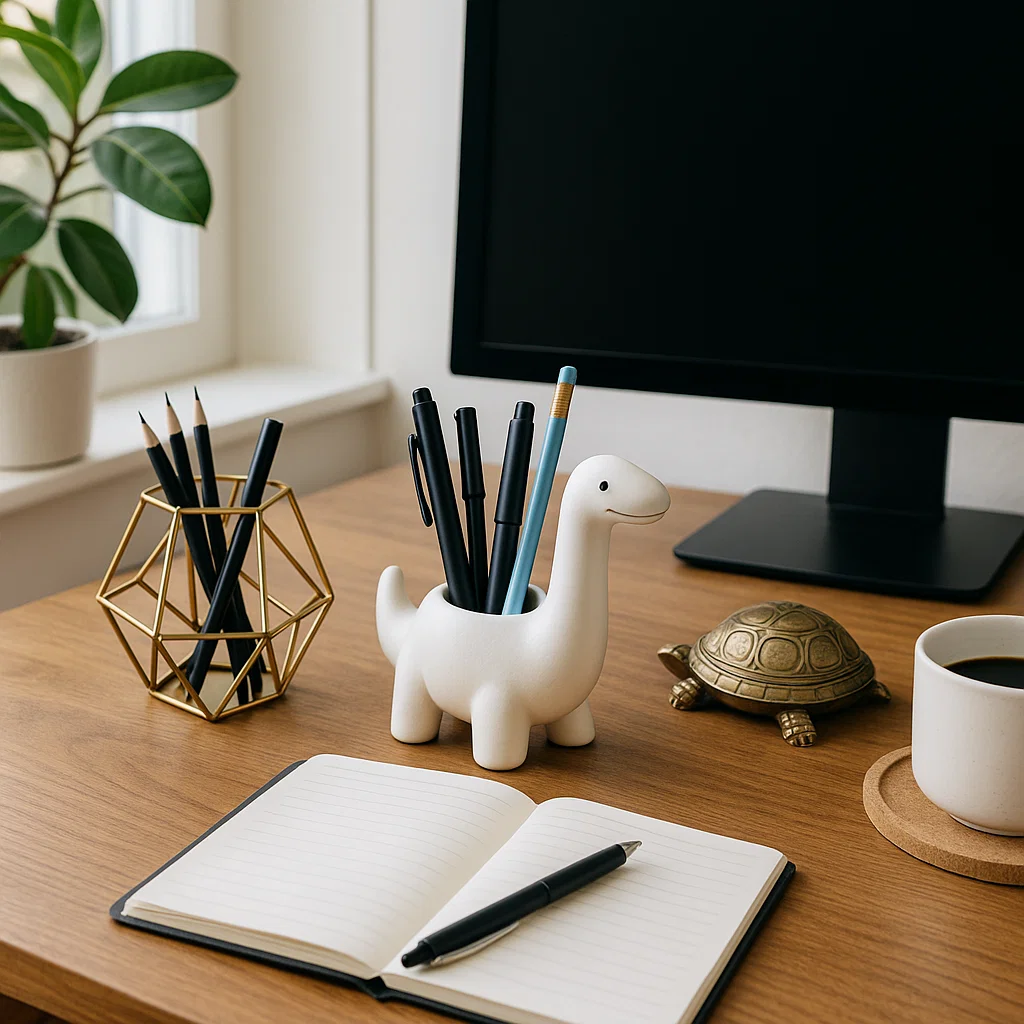 Support de stylos en forme de dinosaure et décoration en forme de tortue sur un bureau en bois avec un carnet et une tasse de café