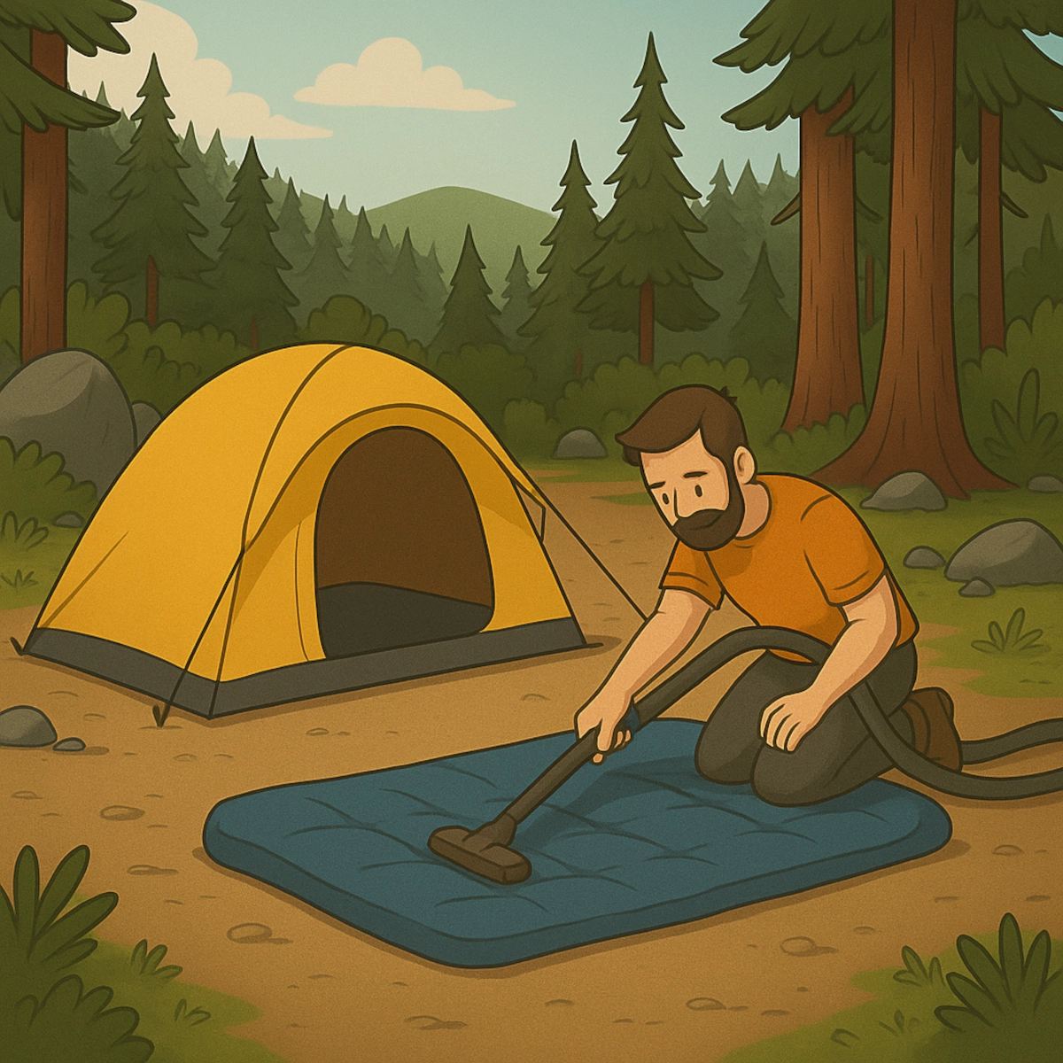 Homme aspirant la surface d'un matelas gonflable près d'une tente jaune dans un campement forestier.