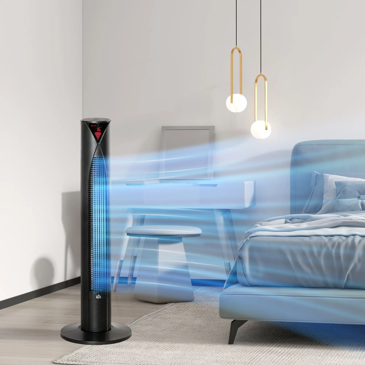 Grand ventilateur colonne placé dans un salon, offrant un design élégant et un refroidissement efficace.