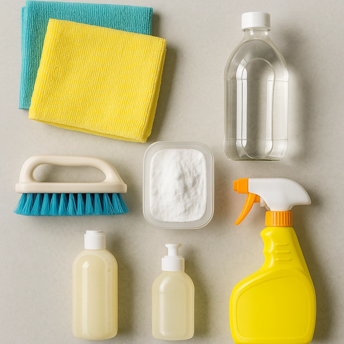 Produits de nettoyage essentiels, y compris du savon, une éponge, des serviettes et un vaporisateur sur une table de pique-nique.