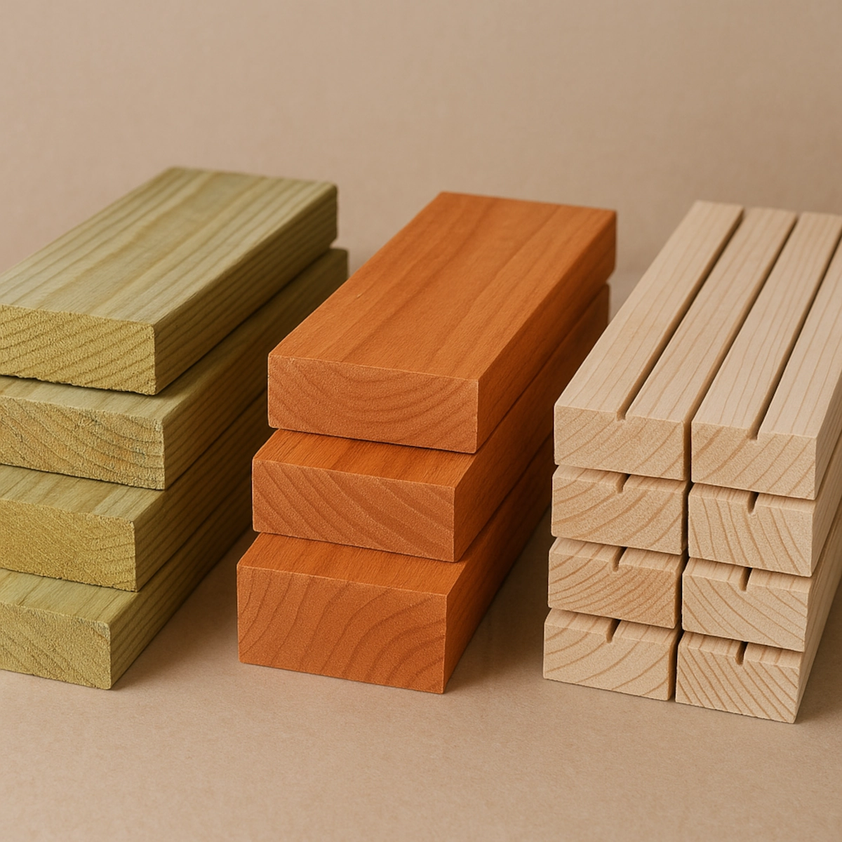 Trois types de planches de bois disposés côte à côte.