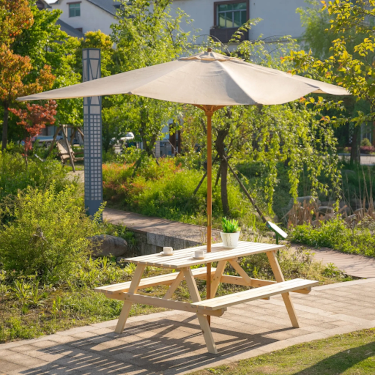 Table de pique-nique en métal noir durable avec des bancs
