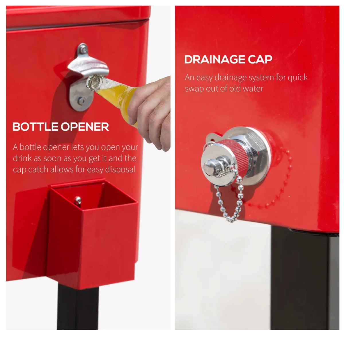 Vue rapprochée de la glacière rouge montrant un ouvre-bouteille intégré et un bouchon de vidange pour une utilisation facile.