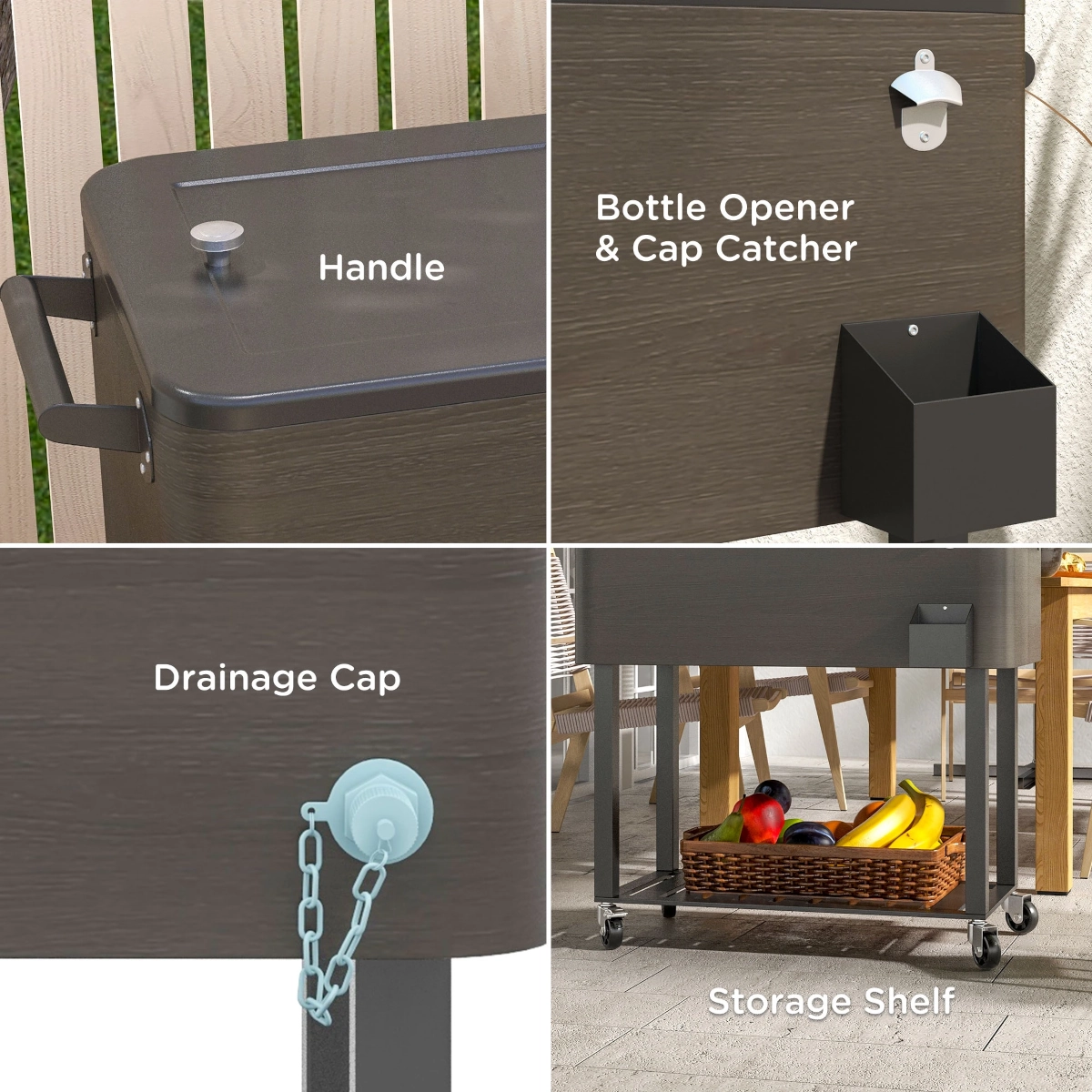 Glacière avec caractéristiques étiquetées : poignée, ouvre-bouteille, bouchon de vidange et étagère de rangement.