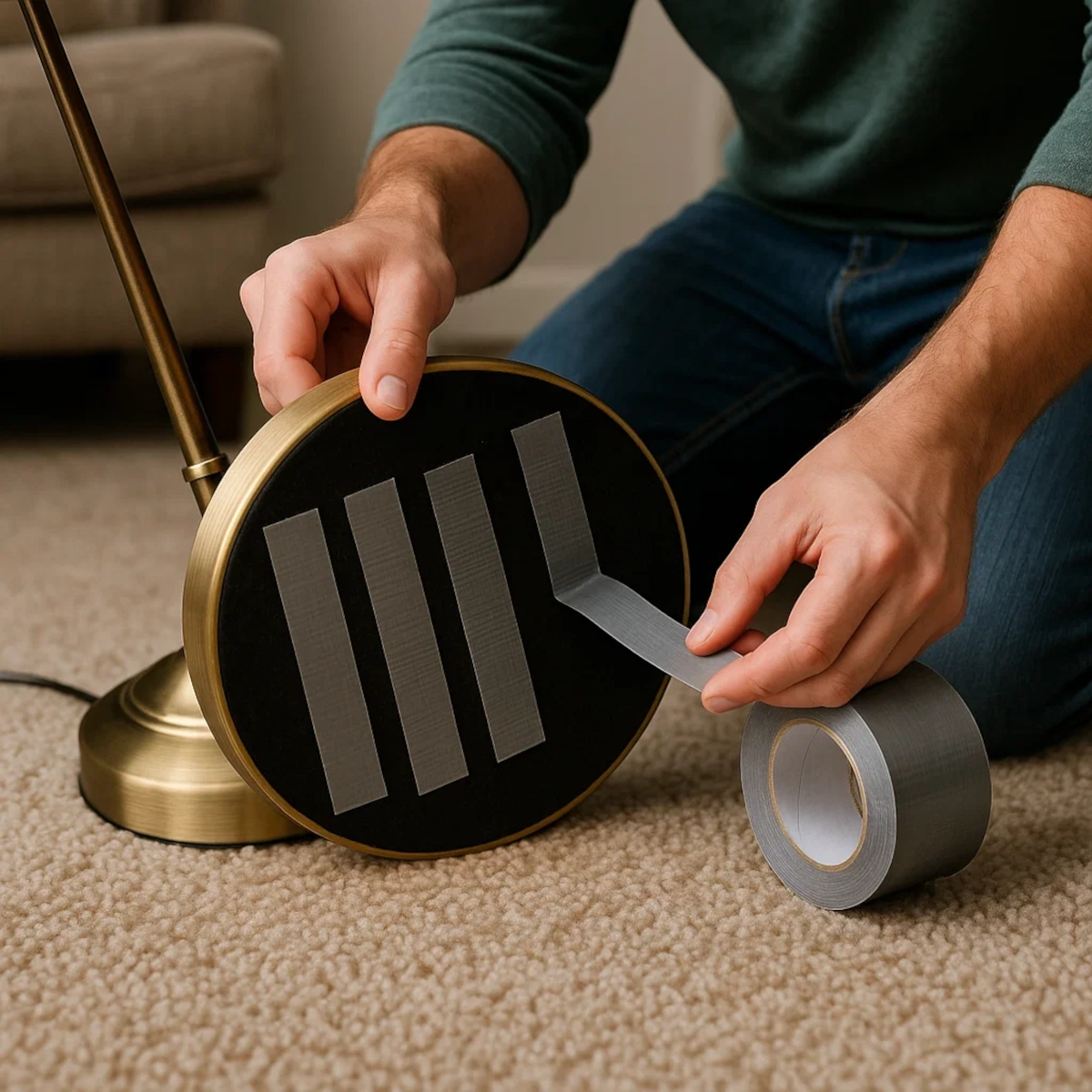 Bandes de ruban adhésif appliquées sous la base d'un lampadaire sur moquette.