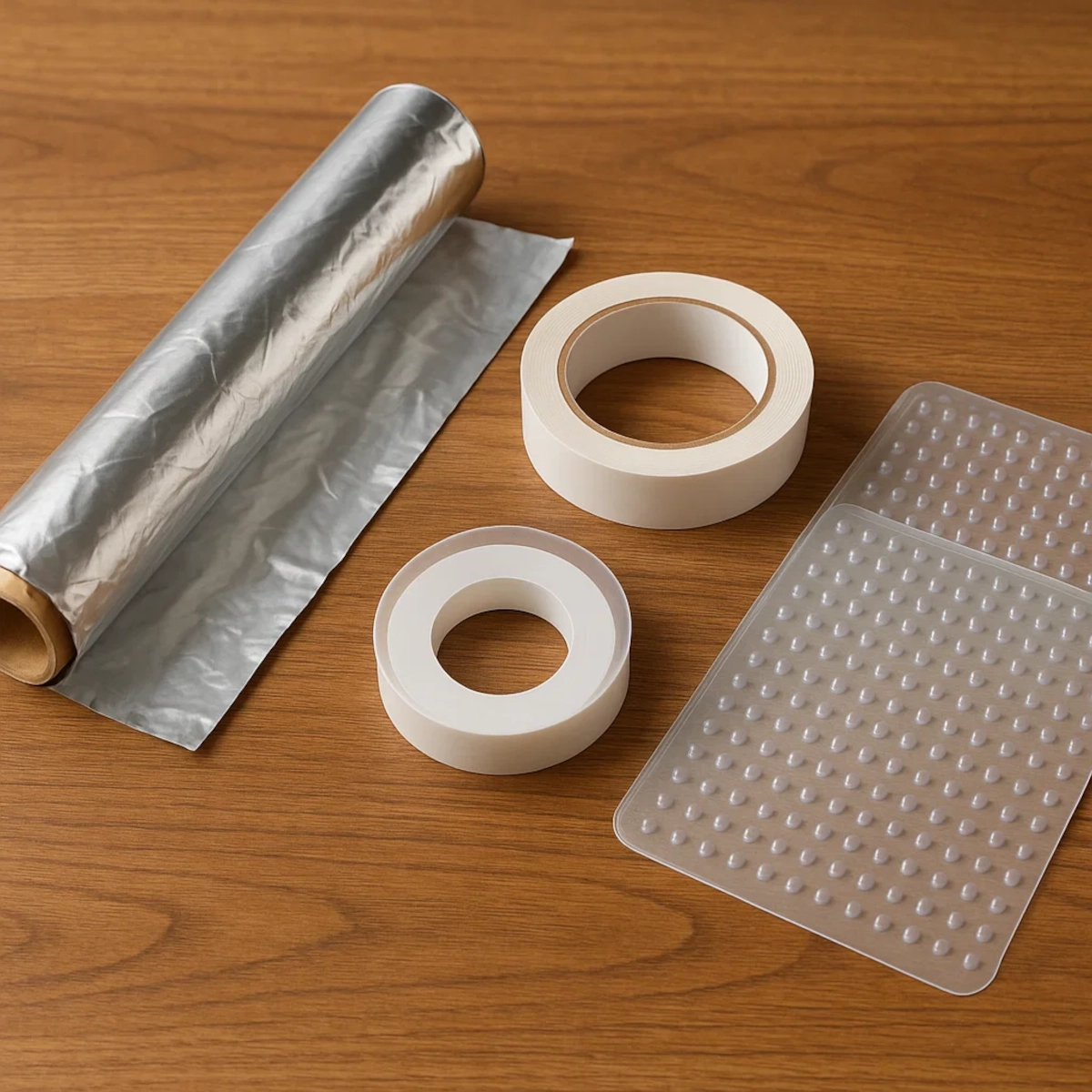 Papier d'aluminium, ruban adhésif et tapis utilisés pour empêcher les chats de monter sur les surfaces des meubles d'extérieur