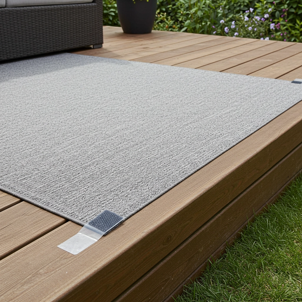 Tapis d'extérieur gris fixé avec des bandes Velcro transparentes sur une terrasse en bois.
