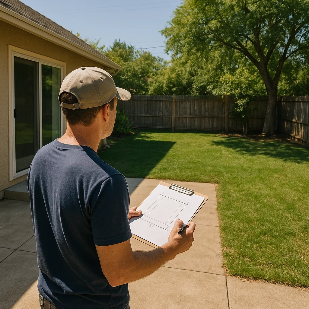 Évaluation de l'espace extérieur afin de planifier l'emplacement idéal et la couverture pour l'installation d'une voile d'ombrage.