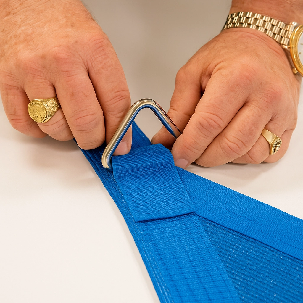 Fixer et coudre des anneaux en D en acier inoxydable aux coins de la voile d'ombrage pour une tension solide.
