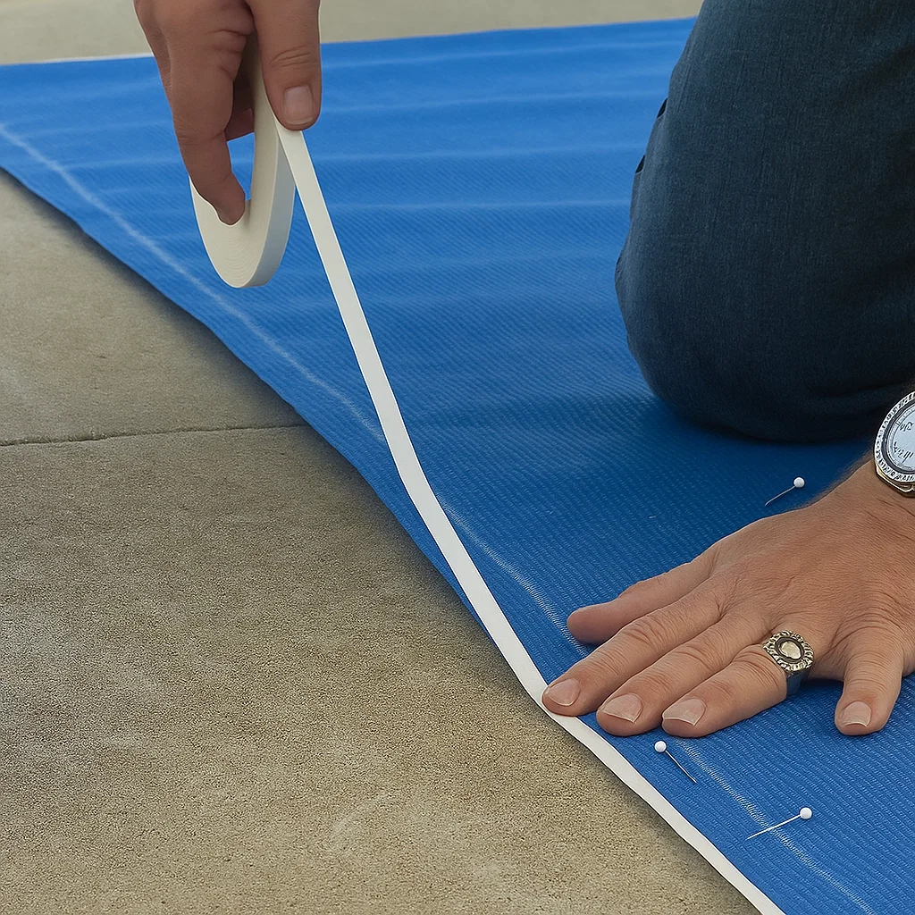 Assembler temporairement plusieurs panneaux de tissu avant la couture finale de la voile d'ombrage.