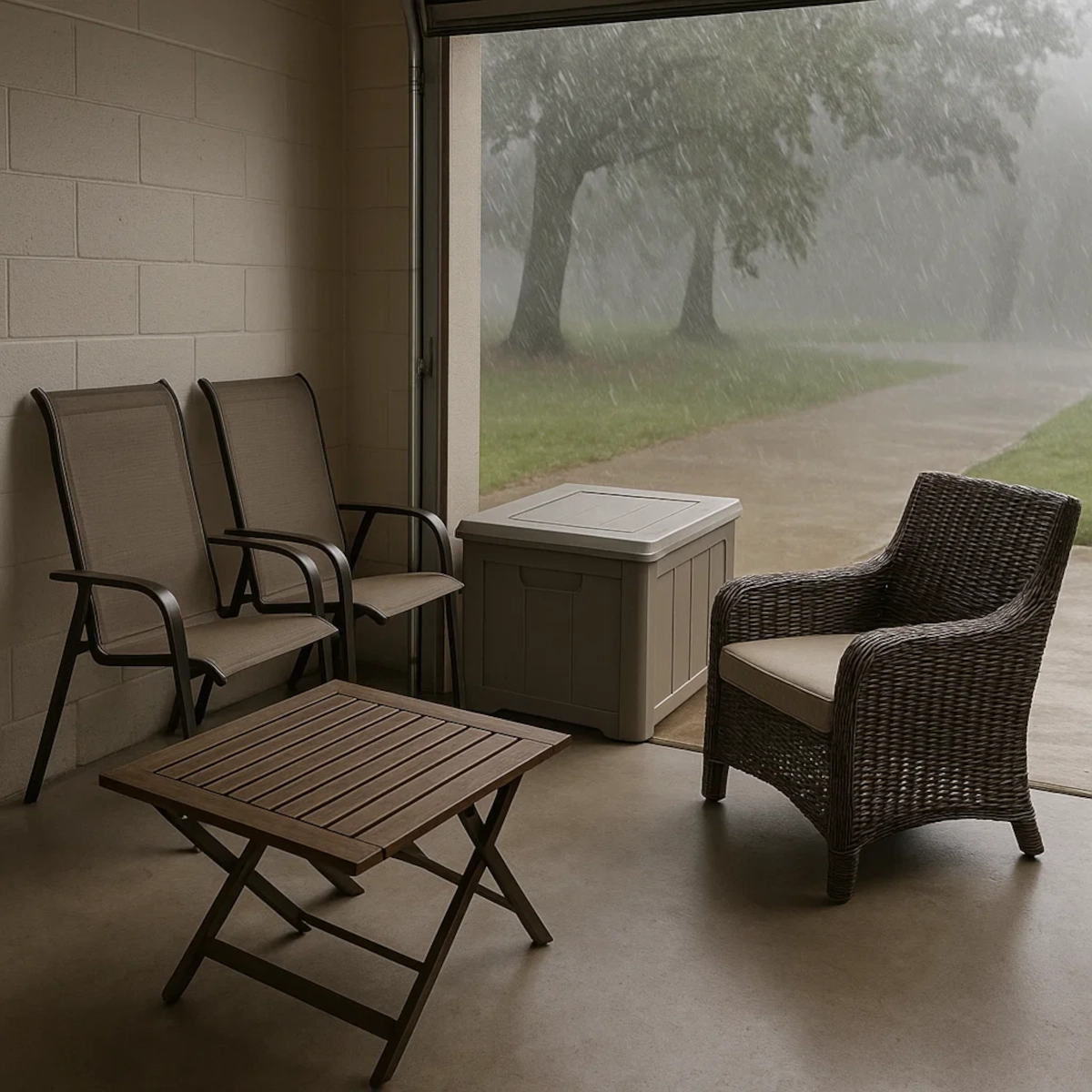 Chaises et table d’extérieur rangées dans un garage pendant un violent orage à l’extérieur.