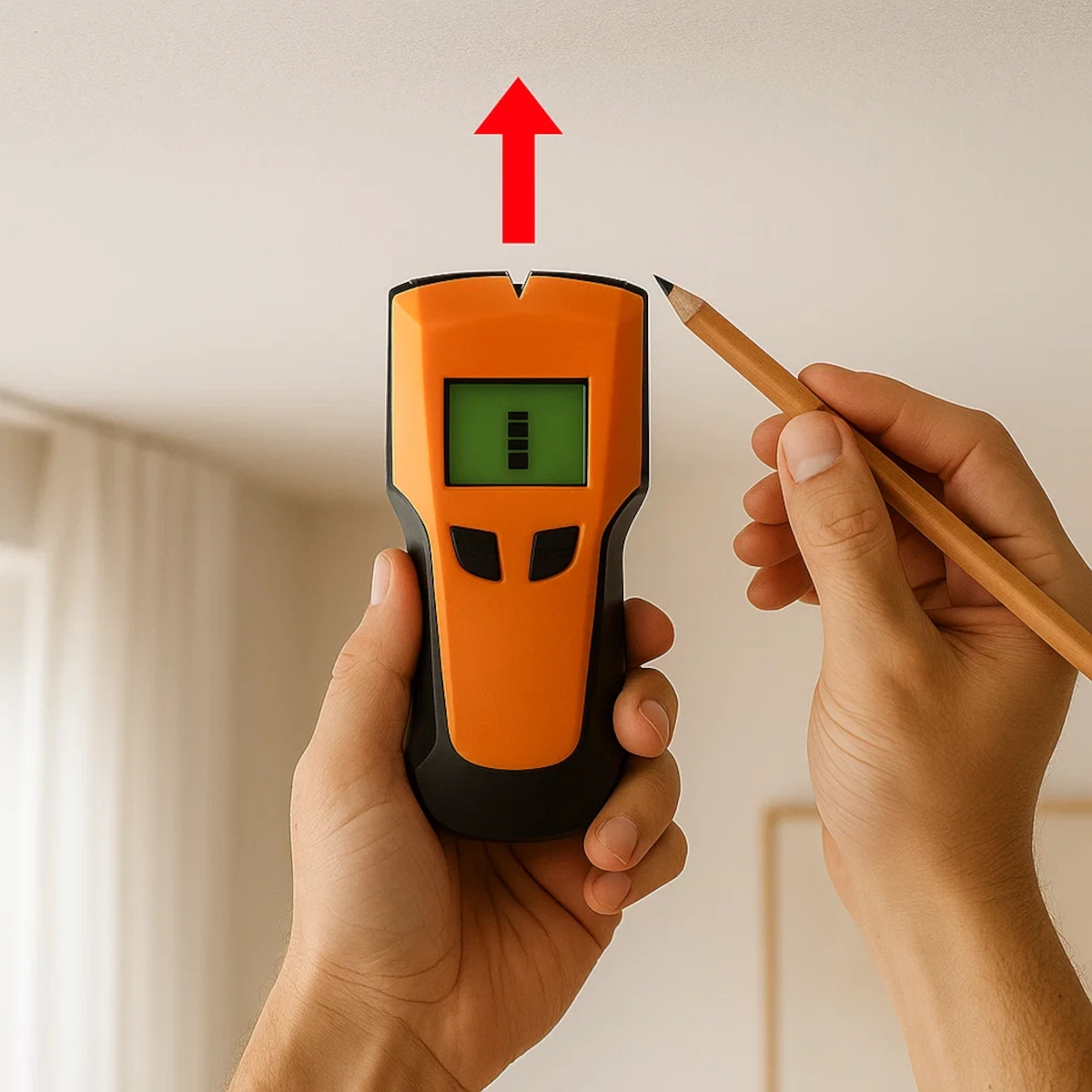Utilisation d’un détecteur de montants et d’un crayon pour localiser une solive du plafond afin de suspendre solidement le fauteuil.