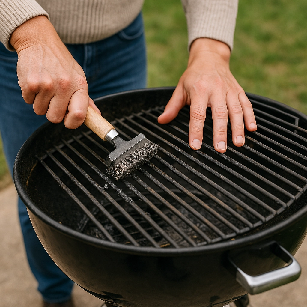 Personne frottant des grilles rondes de barbecue au charbon avec une brosse métallique pour un nettoyage en profondeur avant la cuisson.