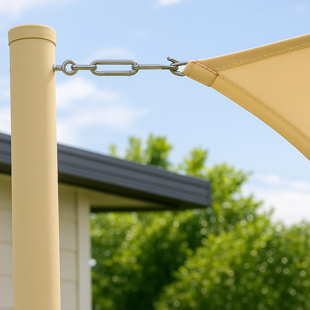 Fixation de la voile d'ombrage aux ancres à l'aide de matériel de tension pour une installation serrée et sécurisée.