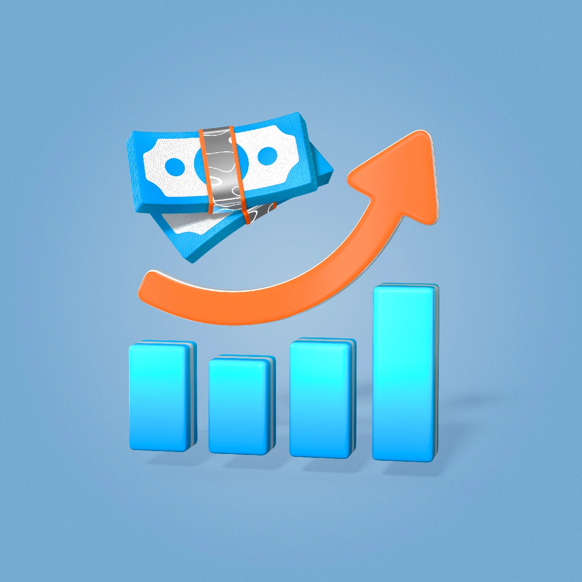 Paquet de billets bleus flottant au-dessus d'un graphique en barres ascendant