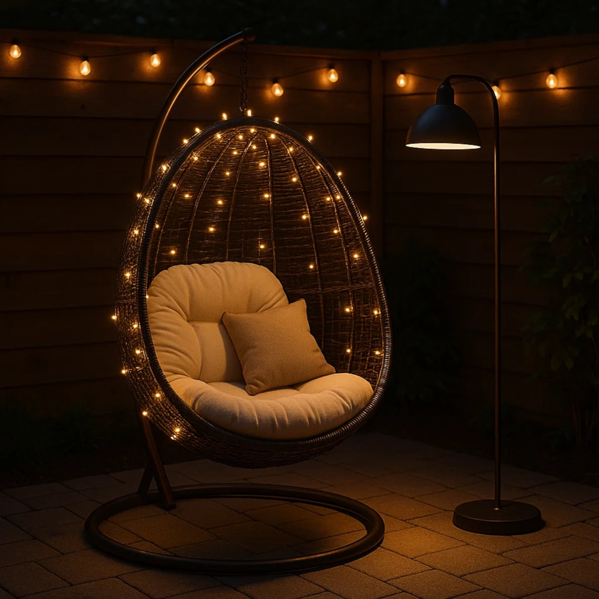 Fauteuil œuf suspendu avec guirlandes lumineuses et coussins chauds sous un éclairage doux de terrasse nocturne.