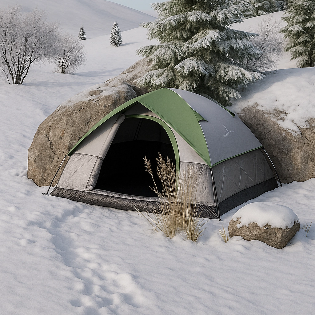 Brise-vent en bâche et en neige protégeant une tente d'hiver contre les vents froids violents pendant le camping.