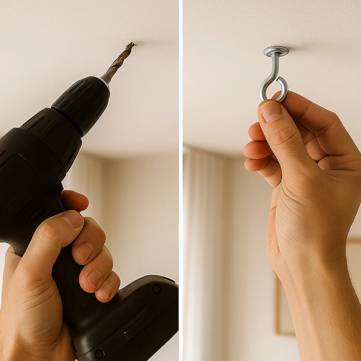 Perçage du plafond et installation d’un crochet à œil métallique pour suspendre un fauteuil œuf.