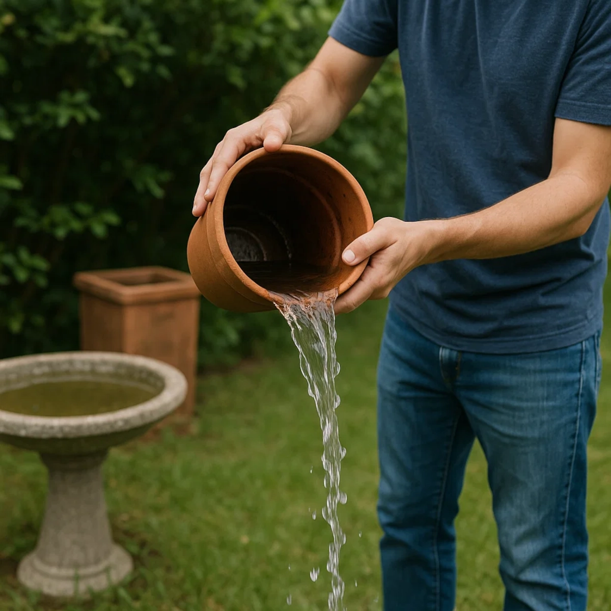 Personne versant de l'eau d'un pot pour empêcher la reproduction des moustiques dans un jardin arrière.