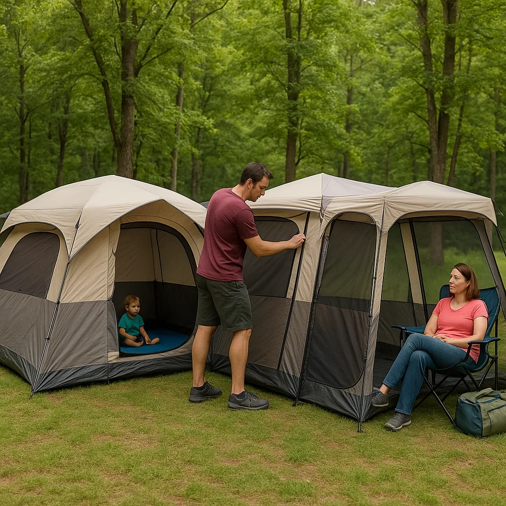 Tente modulable dépliée avec son auvent étendu sur un emplacement de camping.