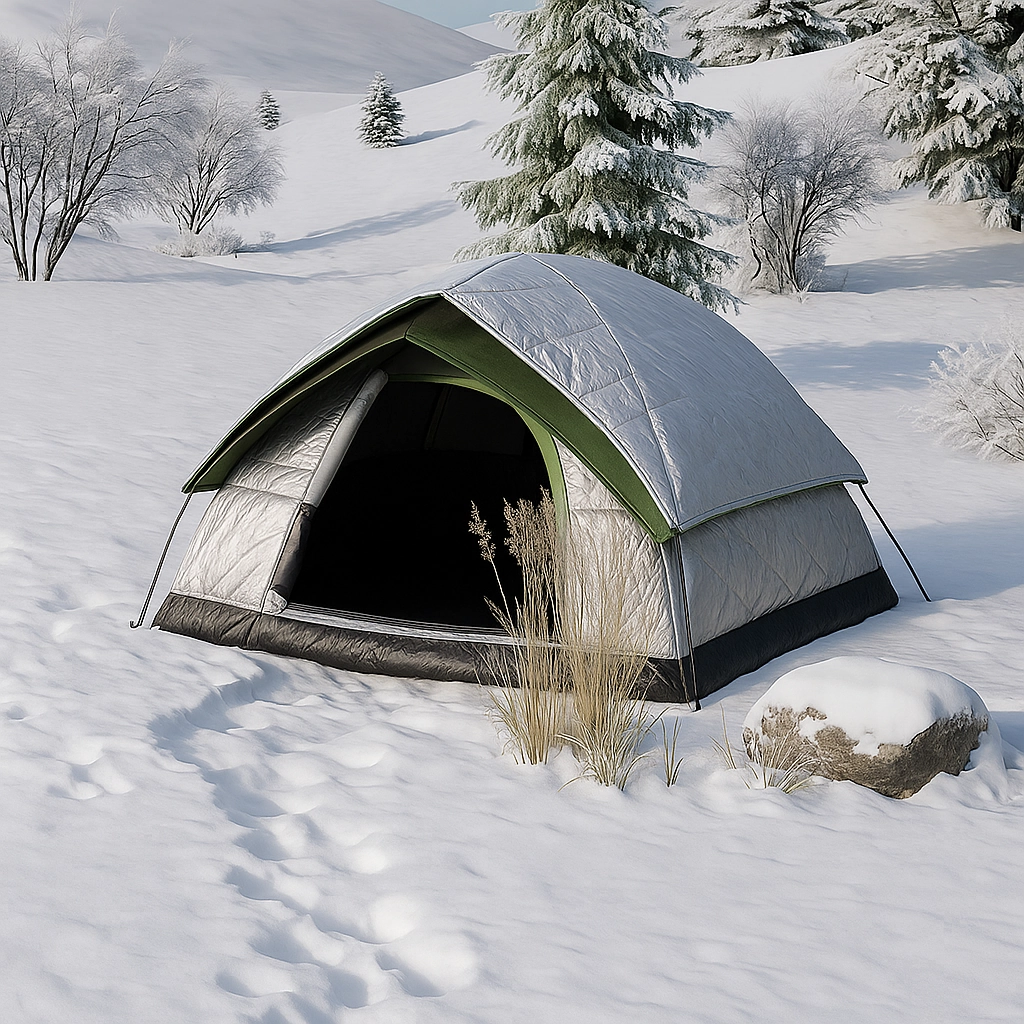 Couverture thermique et bâche recouvrant une tente pour une isolation extérieure lors du camping par temps froid.