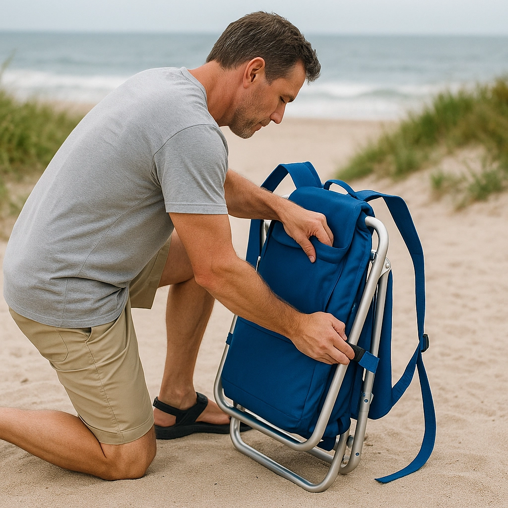 Homme ajustant une chaise de plage bleue à dos déjà pliée sur le sable près de l'océan.