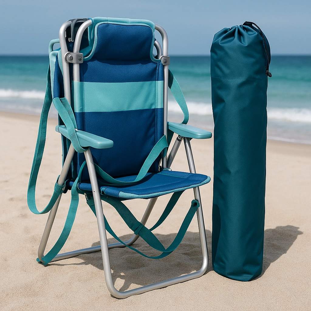 Chaise de plage bleue compacte avec sac de transport sur le sable au bord de l'océan.