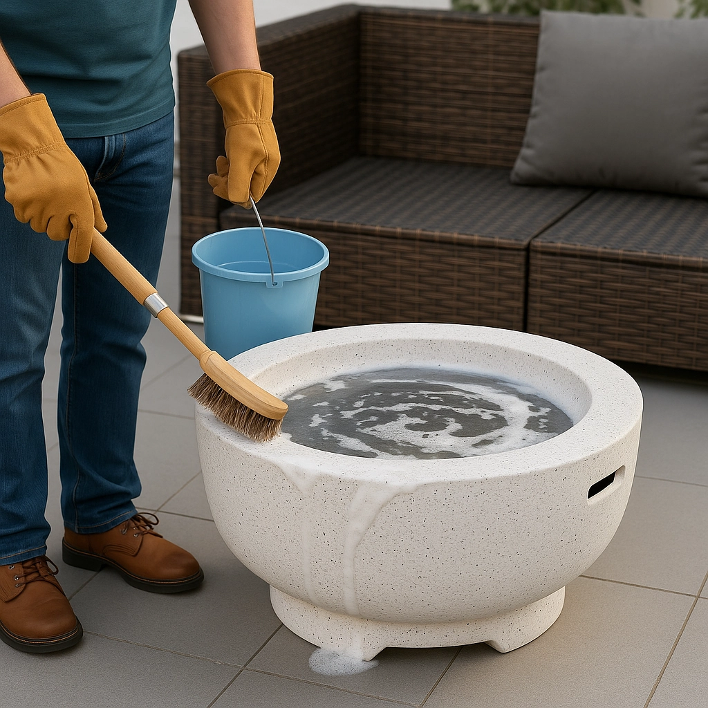 Frottement d’un foyer en pierre avec une brosse rigide pour éliminer l’accumulation de suie, de saleté et de crasse.